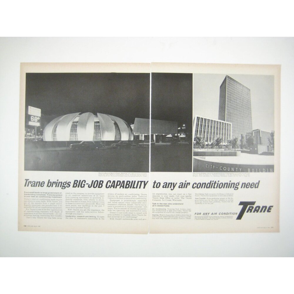 Vintage 1960s Trane Air Conditioning Print Ad 2 Page Wyoming National Bank